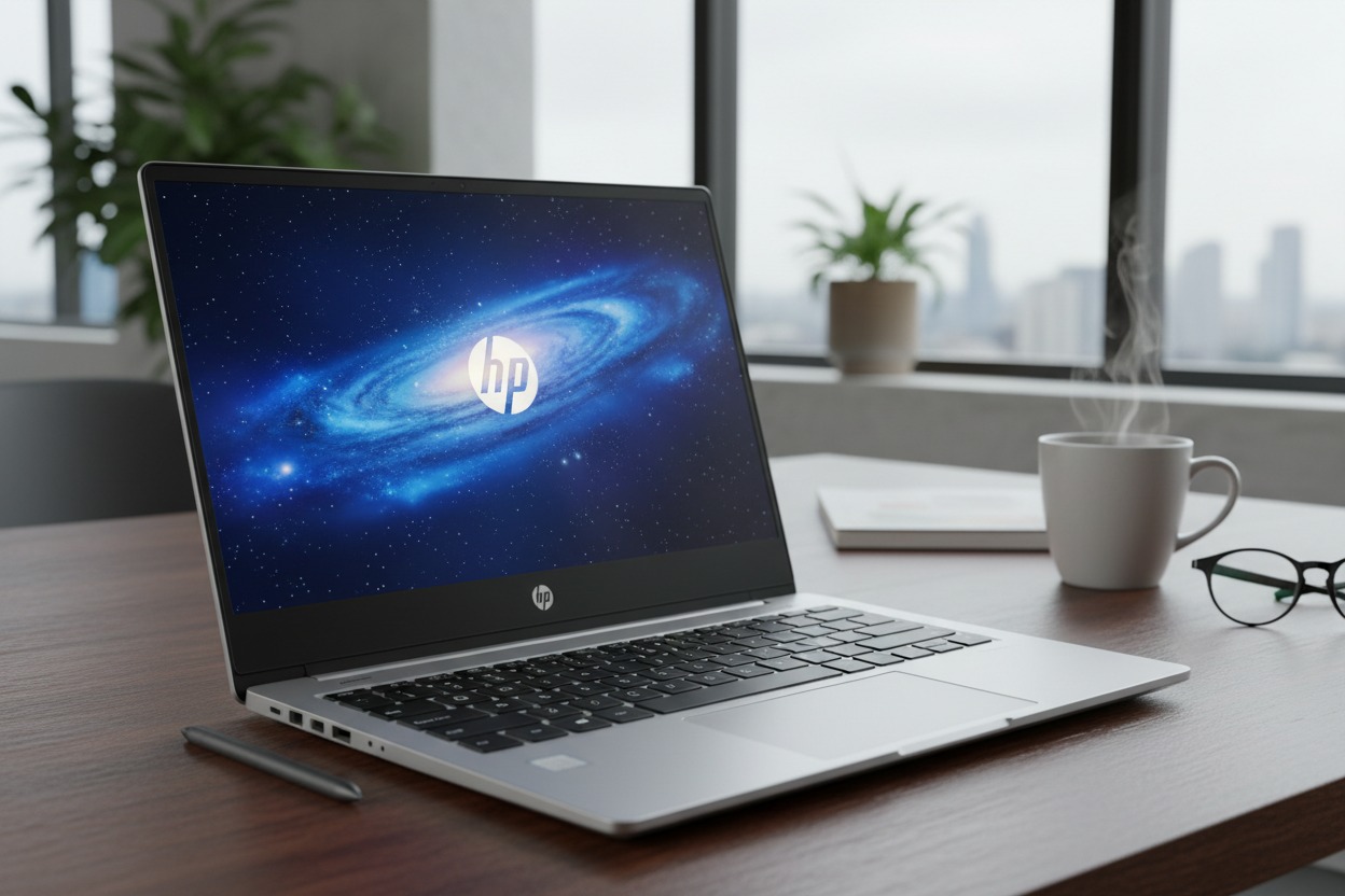 Een modern houten bureau met een laptop, extern beeldscherm met codering en uitzicht op een skyline bij zonsondergang.