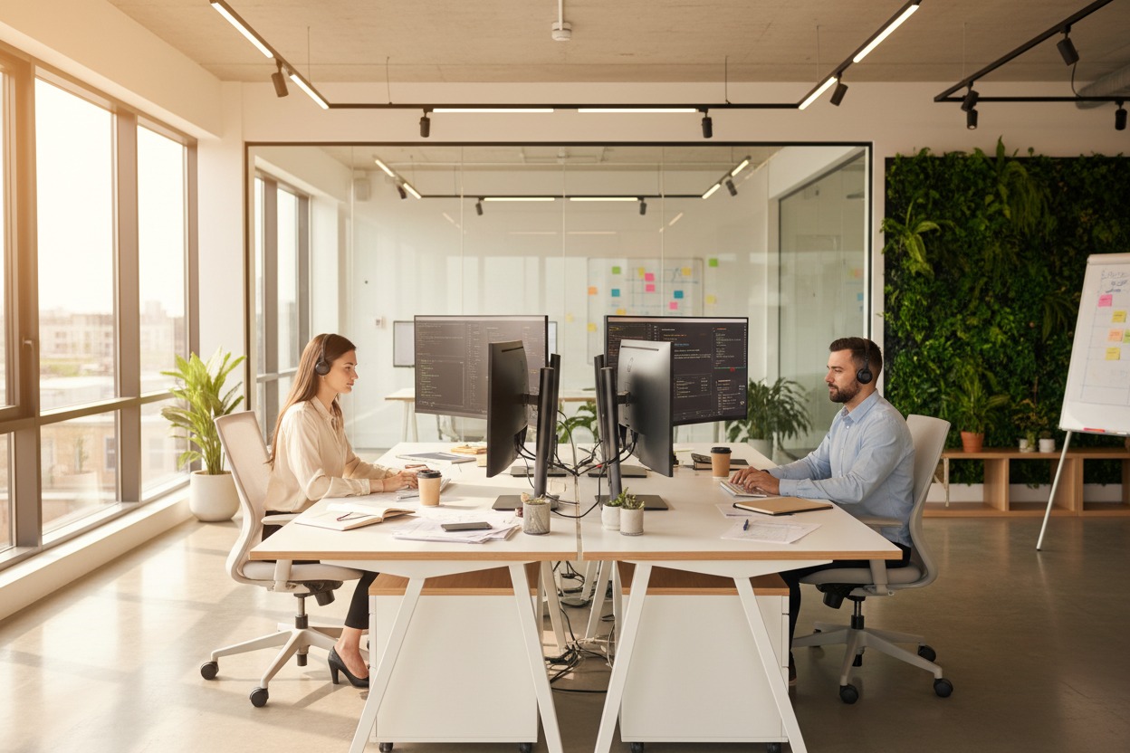 Twee IT-professionals werken aan hun bureaus in een modern kantoor met grote ramen en een verticale plantenwand.